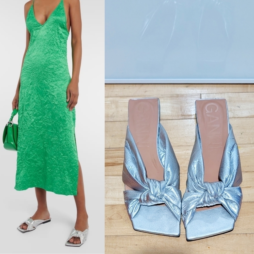 NWT Ganni | Metallic Padded Sandals In Silver